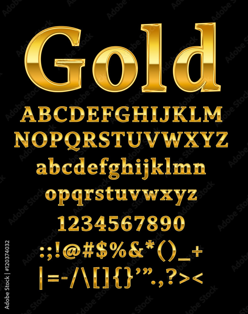 Plakat 3d illustration of shine gold letter on black background