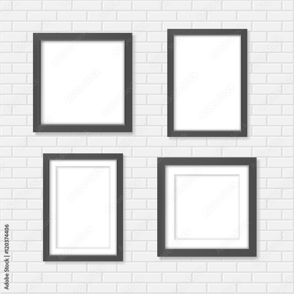Set of black blank realistic frames on the brick wall Set of black blank realistic frames on the brick wall
