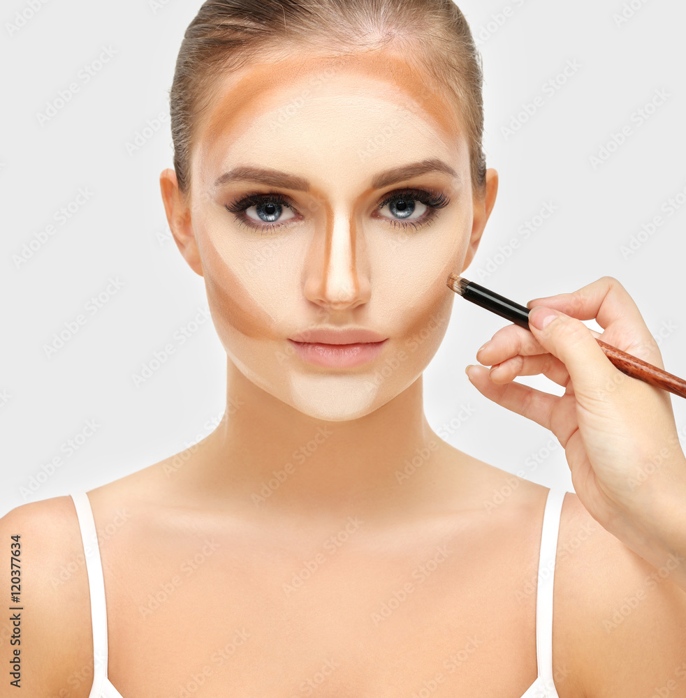 Contouring.Make up woman face. Contour and highlight makeup