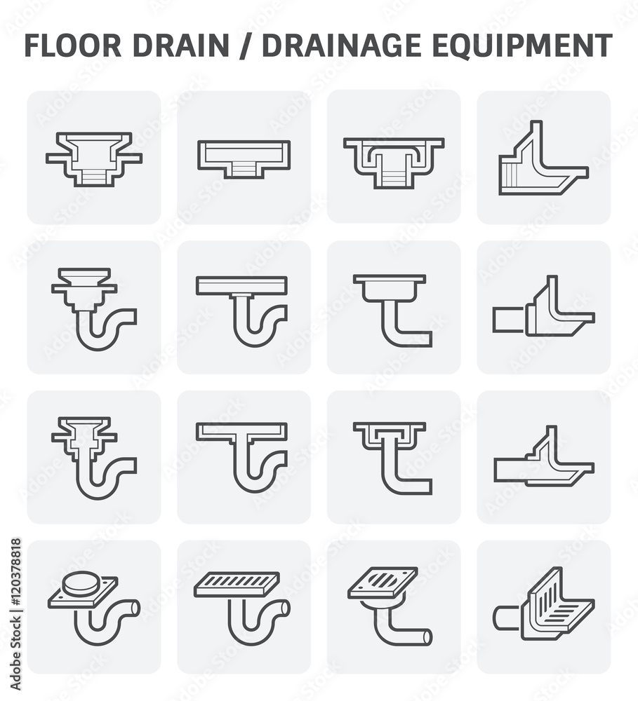 Floor drain or drainage equipment vector icon set.