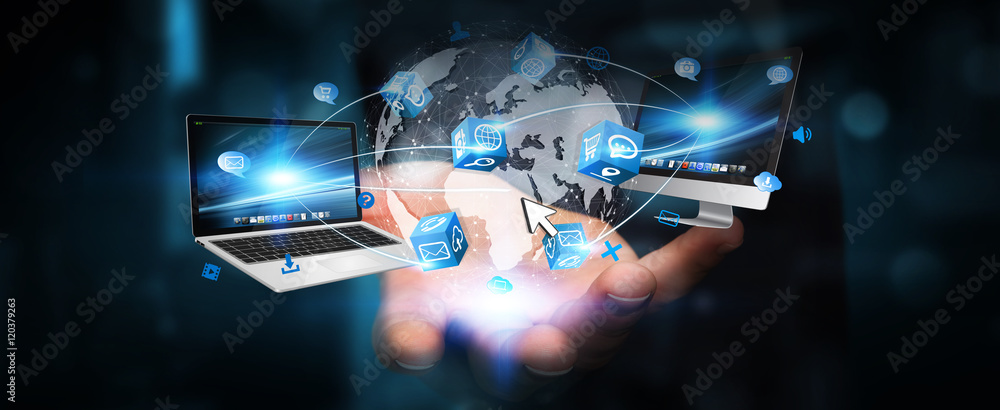 Obraz premium Tech devices and icons connected to digital planet earth
