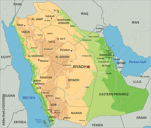High detailed Saudi Arabia physical map with labeling.