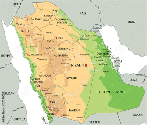High detailed Saudi Arabia physical map with labeling.