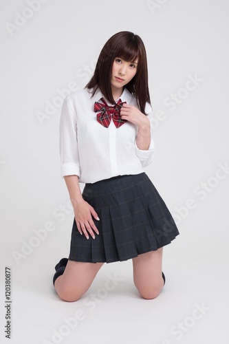 女子高校の制服を、女性モデルが来ています。モデルは成人です。写っている制服は、夏服です。