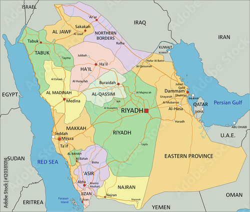 Saudi Arabia - Highly detailed editable political map with labeling.
