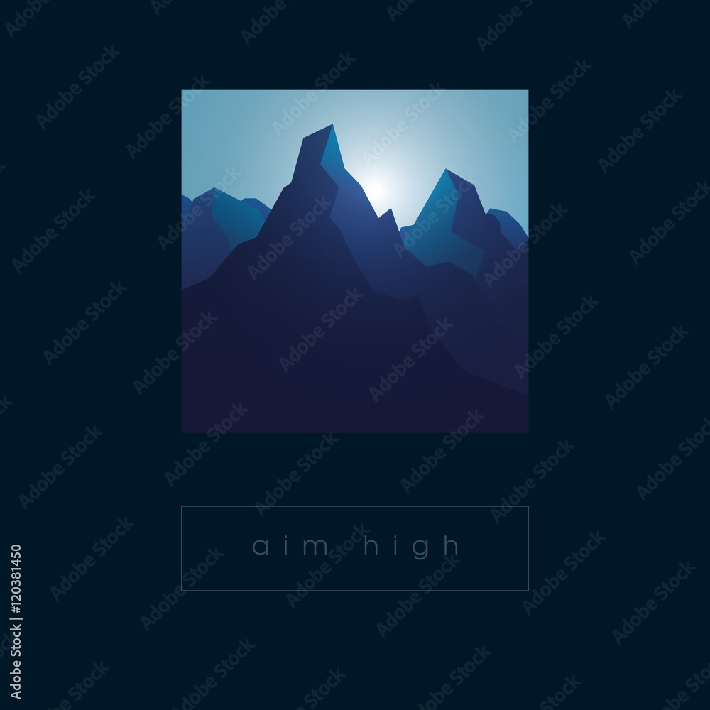 Rocky mountain vector illustration in sunrise atmosphere. Nature landscape graphic design with realistic shadows.