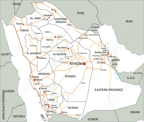 High detailed Saudi Arabia road map with labeling.