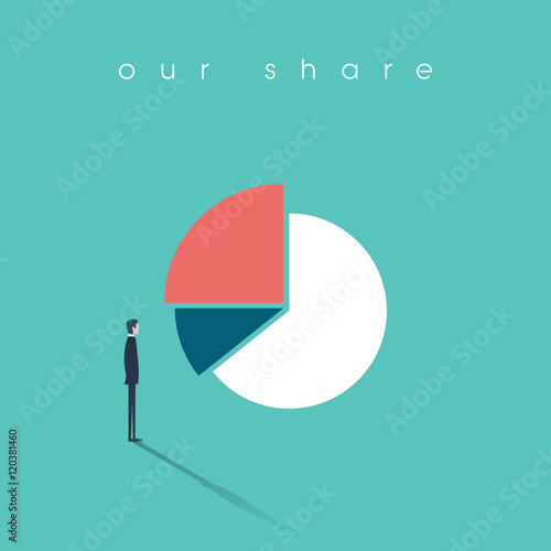Businessman standing and looking at pie chart as symbol of business analysis. Market share presentation sign.