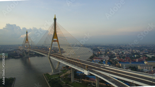aerial view of bhumiphol bridge crossing chaopraya river importa