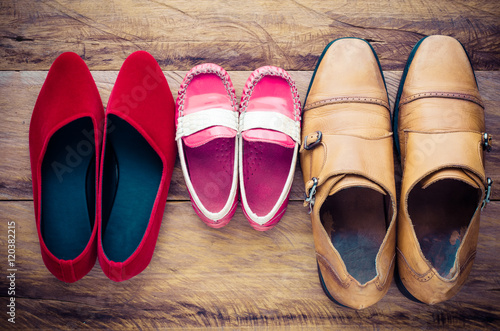 shoes, three pairs of dad, mom, son - the family concept
