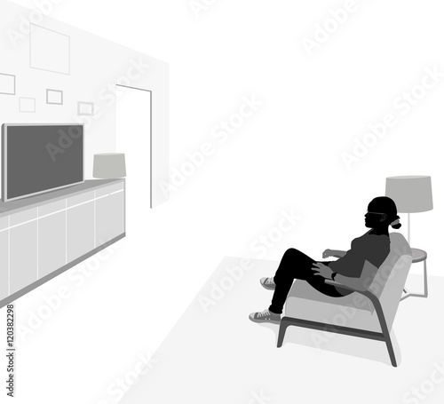 Side view young woman watching TV vector silhouette people scene background