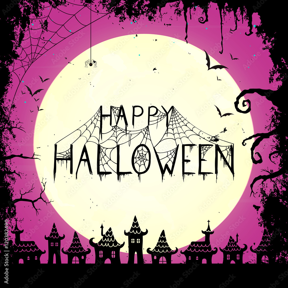 Vector Illustration of a Happy Halloween Design with Abstract City and Full Moon