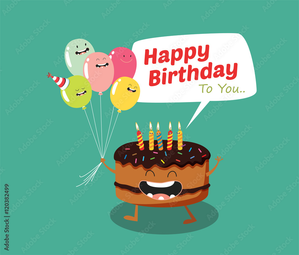 Happy birthday Funny cake and balloon. Vector illustration. Comic characters Stock Vector
