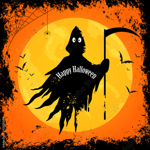 Vector Illustration of a Happy Halloween Design with Scary Grim Reaper and Full Moon