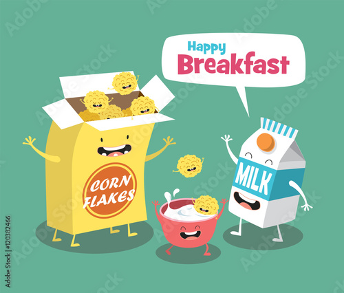 Funny breakfast set. Milk and Cornflakes. Comic characters