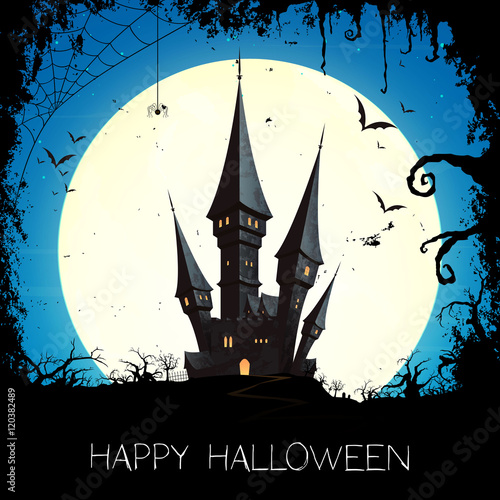 Vector Illustration of a Happy Halloween Design with Full Moon and a Scary Castle