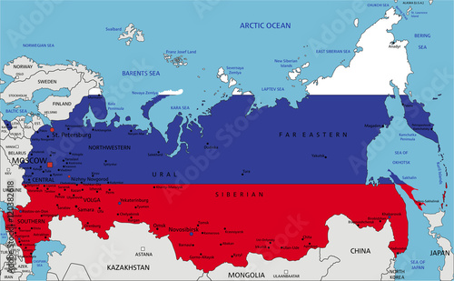Russia highly detailed political map with national flag isolated on white background.