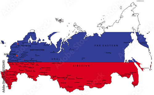 Russia highly detailed political map with national flag isolated on white background.