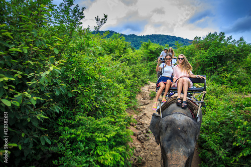 Photography group of tourists in thailand riding elephants through jungle