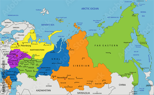 Colorful Russia political map with clearly labeled, separated layers. Vector illustration.
