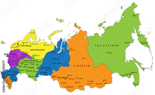 Colorful Russia political map with clearly labeled, separated layers. Vector illustration.