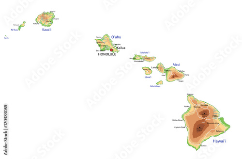 High detailed Hawaii physical map with labeling.