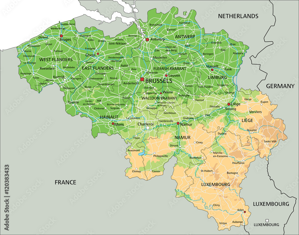 Poster, Foto High detailed Belgium physical map with labeling. - Koop op  EuroPosters.be