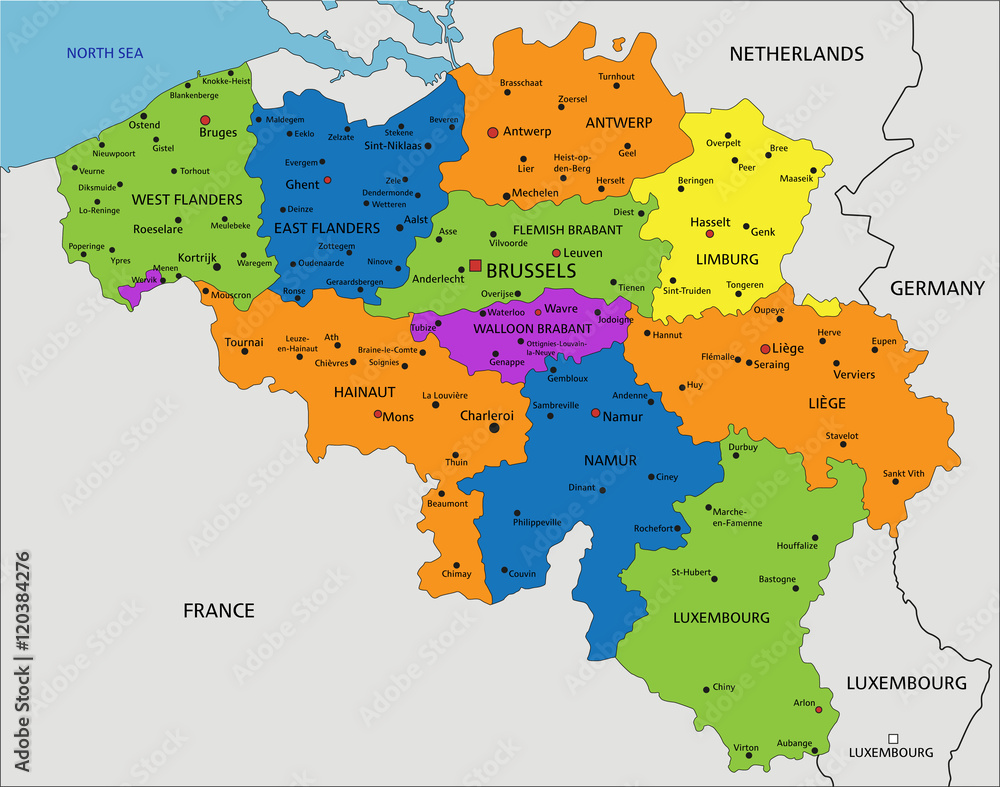 Colorful Belgium political map with clearly labeled, separated layers ...