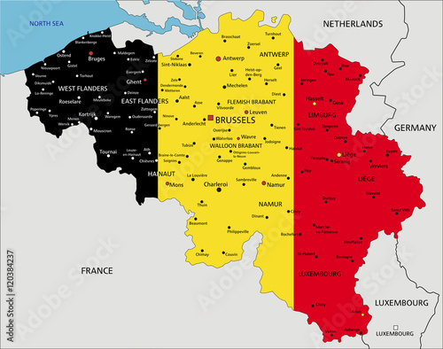 Belgium highly detailed political map with national flag.