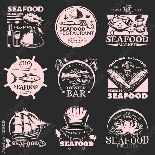 Seafood Emblem Set On Dark