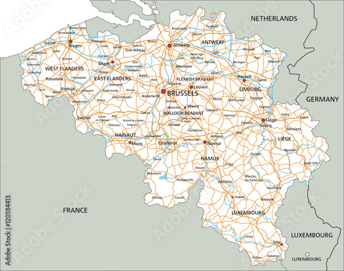 High detailed Belgium road map with labeling.