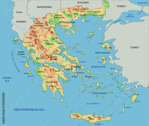 High detailed Greece physical map with labeling.