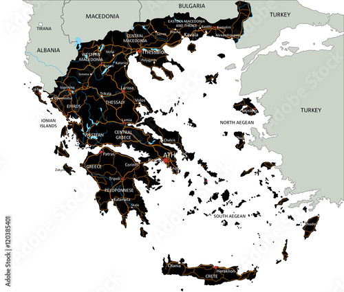 High detailed Greece road map with labeling.