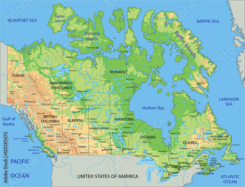 High detailed Canada physical map with labeling.