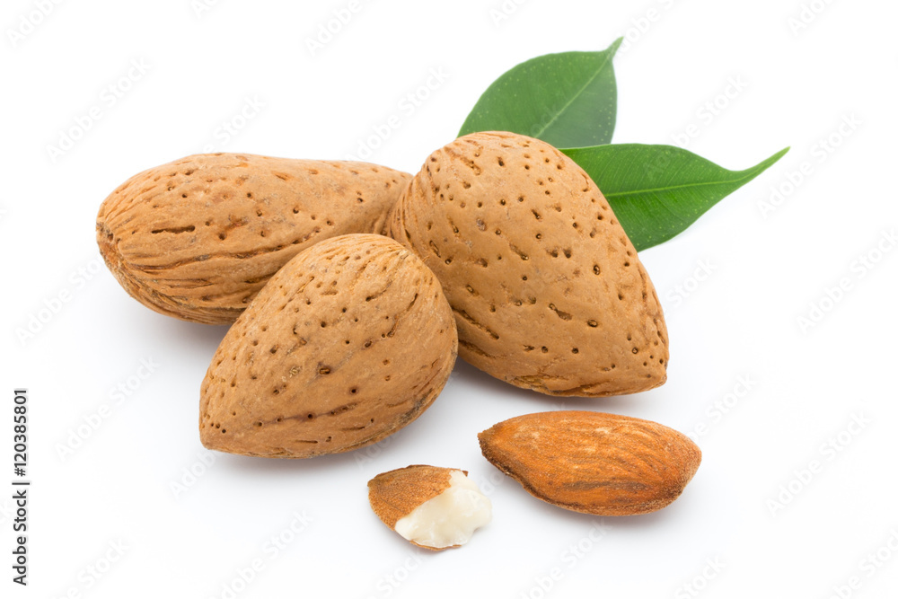 Almonds with leaves isolated on white background Almonds with leaves isolated on white background