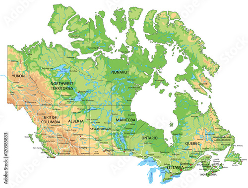 High detailed Canada physical map with labeling.