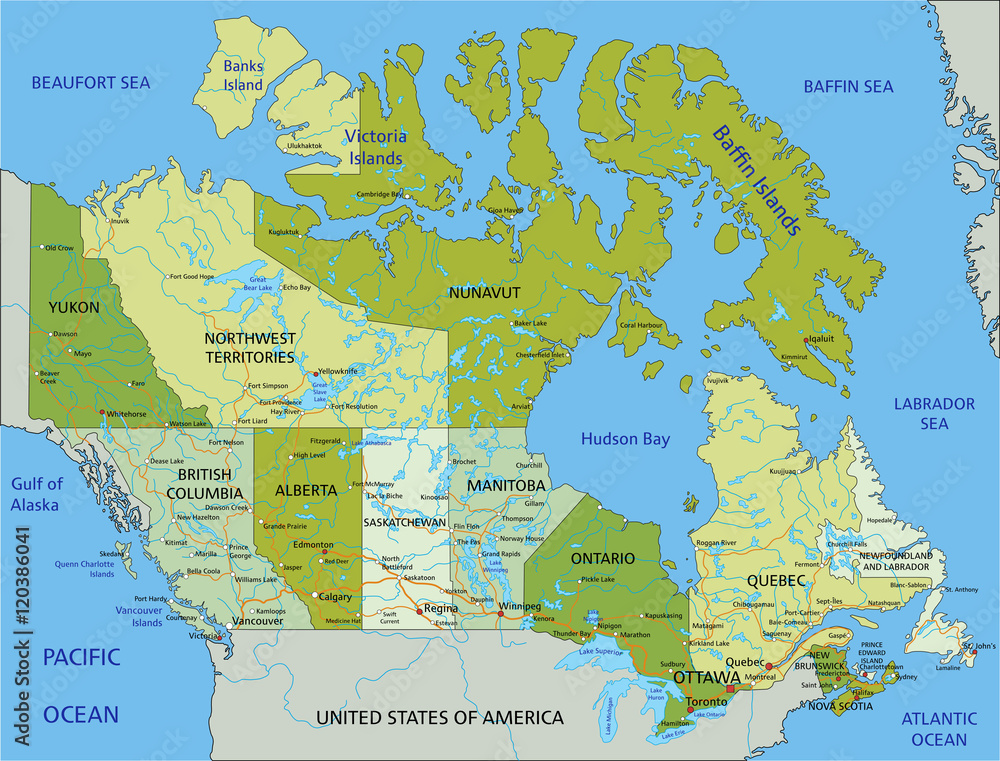Highly detailed editable political map with separated layers. Canada ...