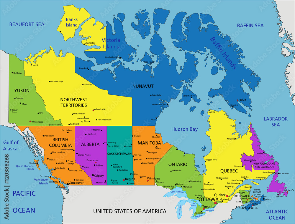 Colorful Canada political map with clearly labeled, separated layers ...