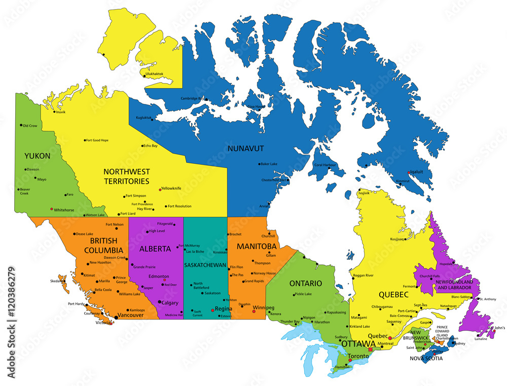 Colorful Canada political map with clearly labeled, separated