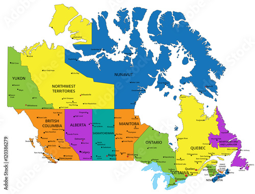 Colorful Canada political map with clearly labeled, separated layers. Vector illustration.