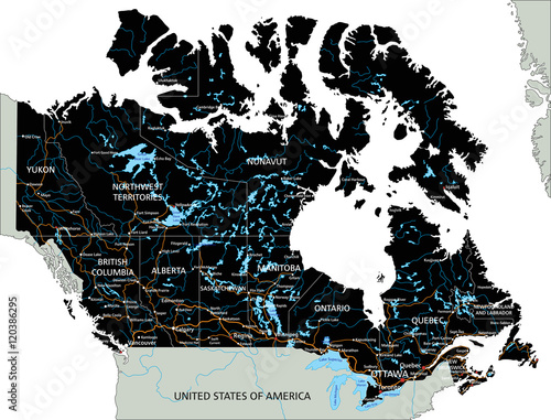 High detailed Canada road map with labeling.