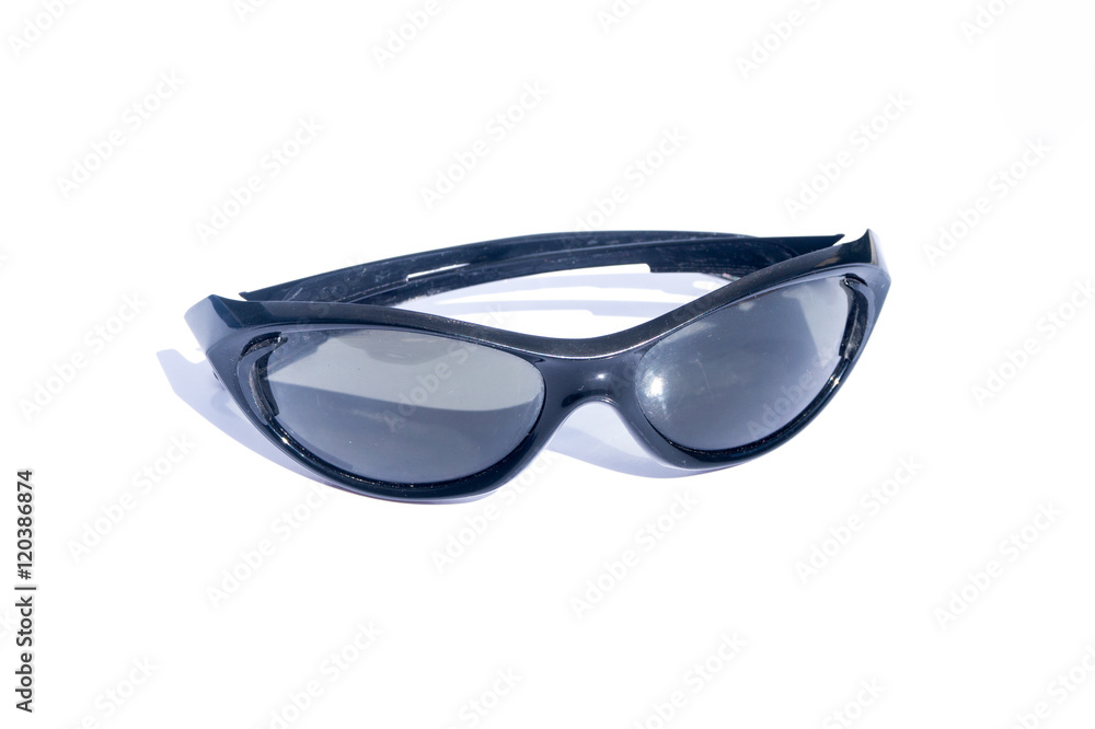Black sunglasses for men on isolated white background. Occhiali da sole neri da uomo sfondo bianco
