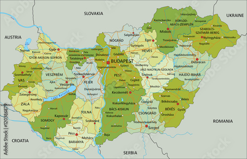 Highly detailed editable political map with separated layers. Hungary.