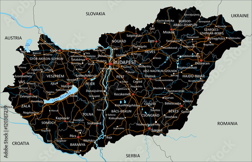 Photography High detailed Hungary road map with labeling.