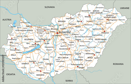 High detailed Hungary road map with labeling.