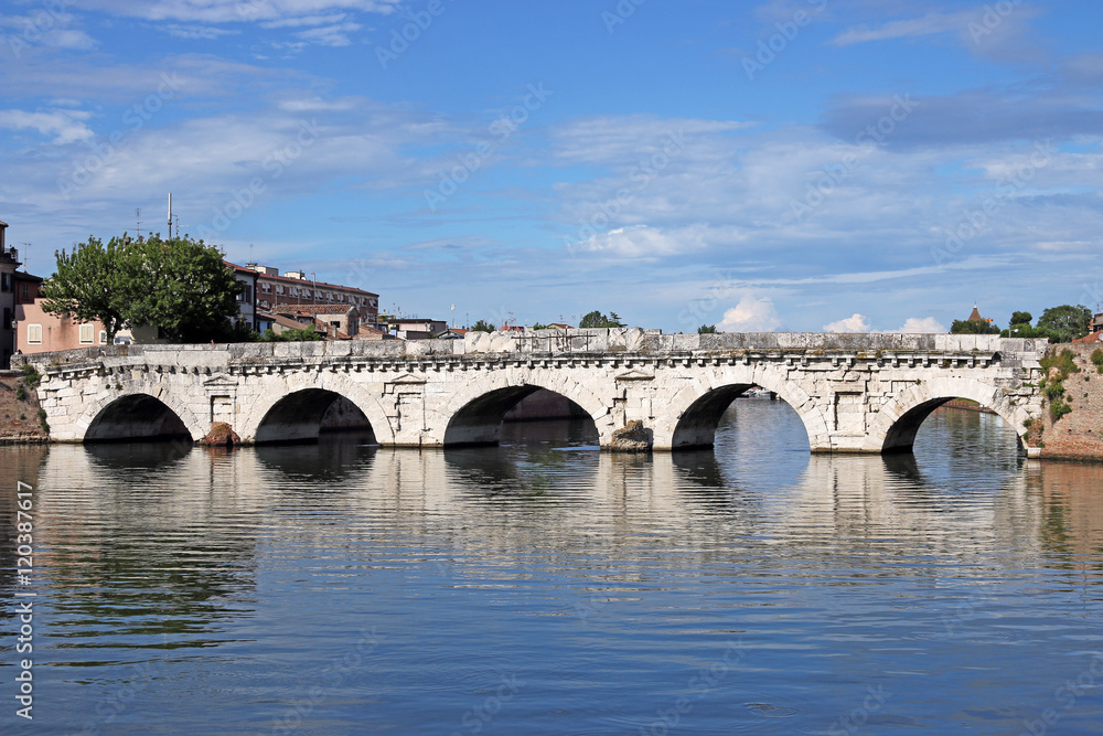 old stone Tiberius bridge landmark Rimini Italy