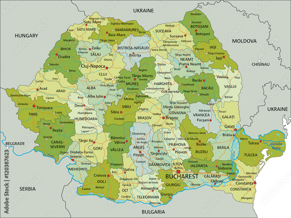 Highly detailed editable political map with separated layers. Romania ...