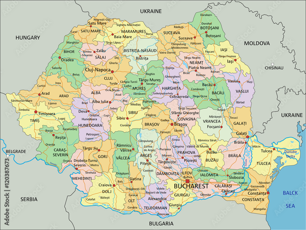 Romania - Highly detailed editable political map with labeling. Stock ...