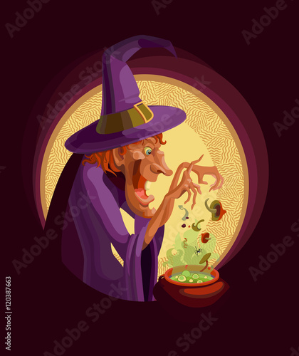 A witch with a cauldron. Cooking witch poison or potion in a cauldron. Ingredients rash. 
Halloween theme. Cartoon style.