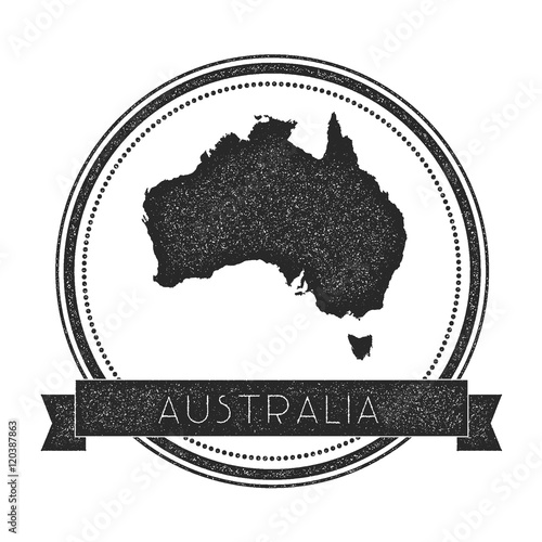 Retro distressed Australia badge with map. Hipster round rubber stamp with country name banner, vector illustration.